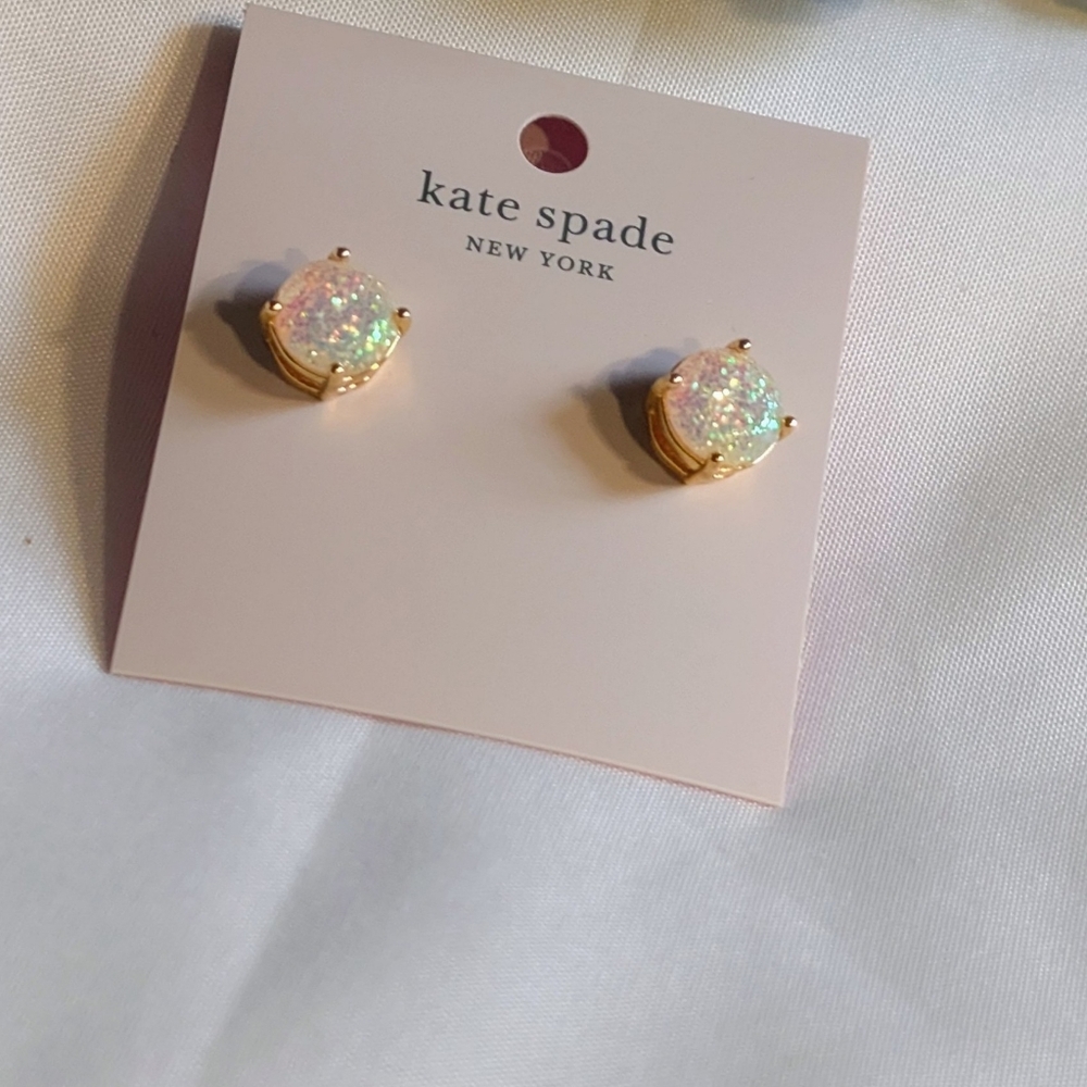 Kate Spade New York Opal Glitter Earrings Ivory, Flash Pink, 4 Prongs Gold NWT - Picture 4 of 12